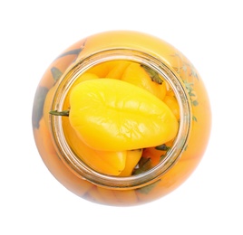 Photo of Glass jar with pickled peppers isolated on white, top view