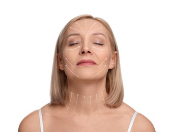 Image of Woman with perfect skin after cosmetic treatment on white background. Lifting arrows on her neck and face