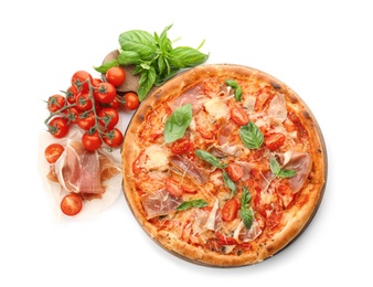 Photo of Delicious pizza with tomatoes and meat on white background