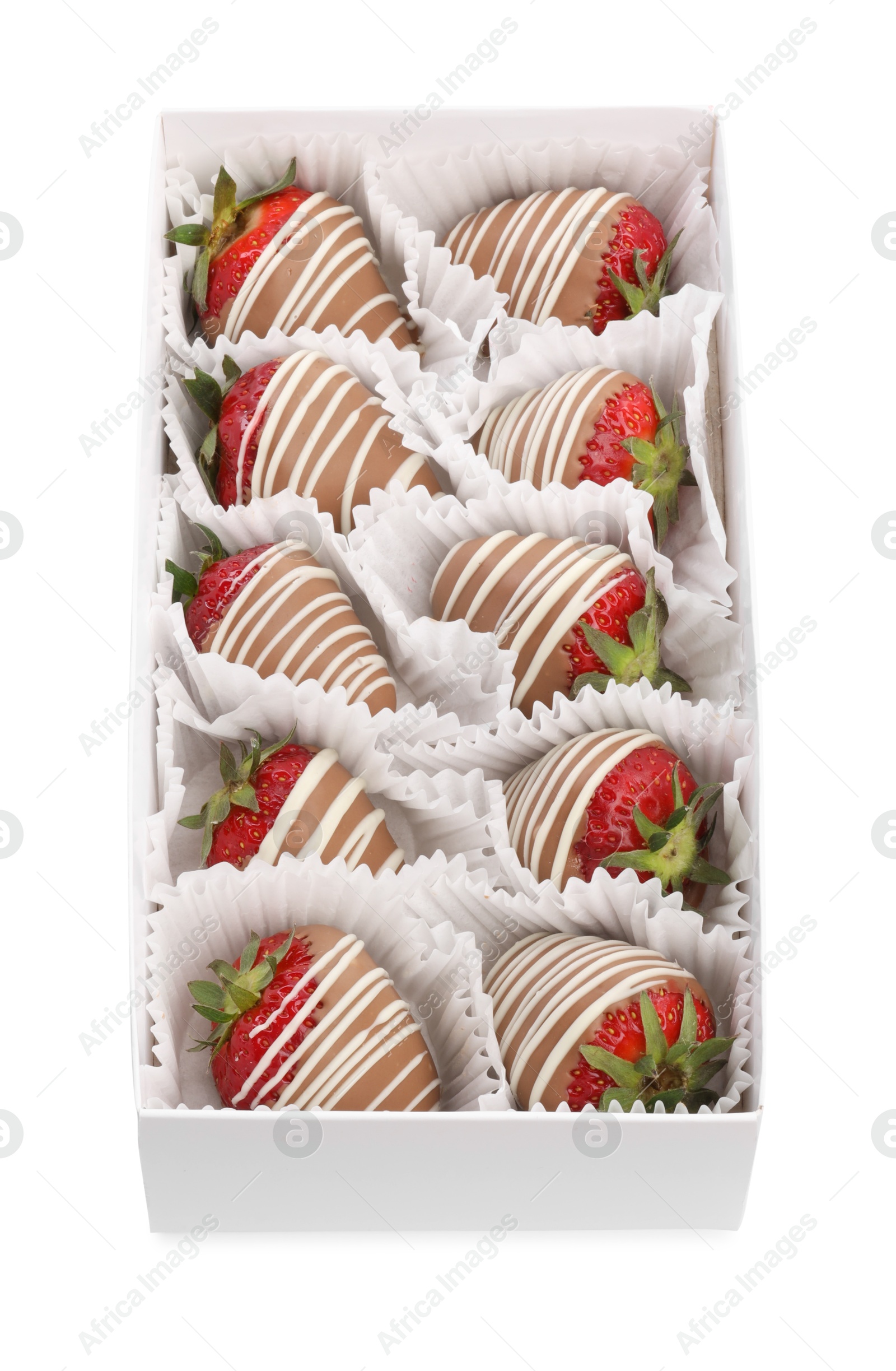 Photo of Box with delicious chocolate covered strawberries isolated on white