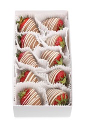 Photo of Box with delicious chocolate covered strawberries isolated on white