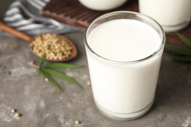 Photo of Composition with glass of hemp milk on grey table, closeup. Space for text