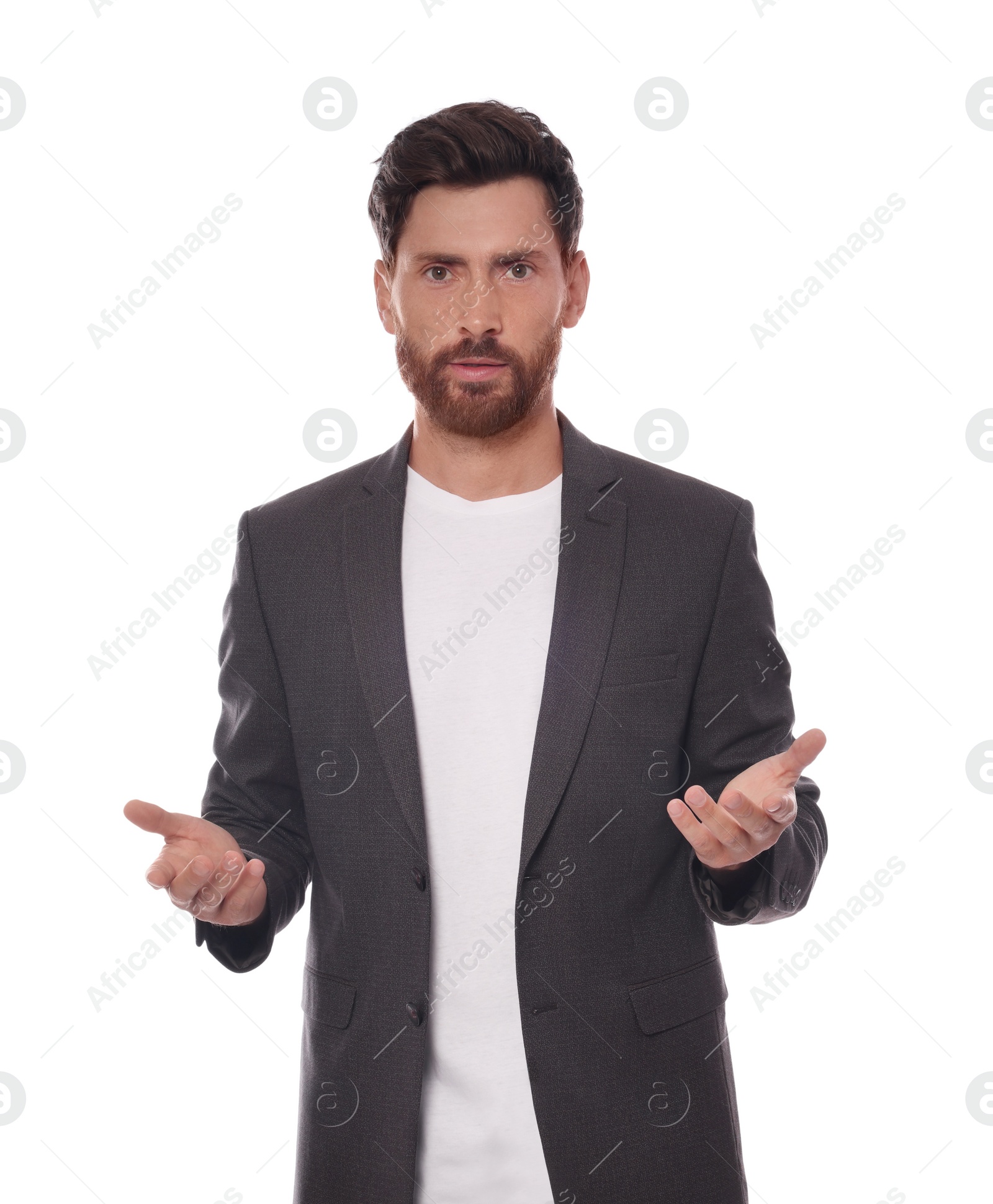 Photo of Handsome man gesturing on white background. Weather forecast reporter