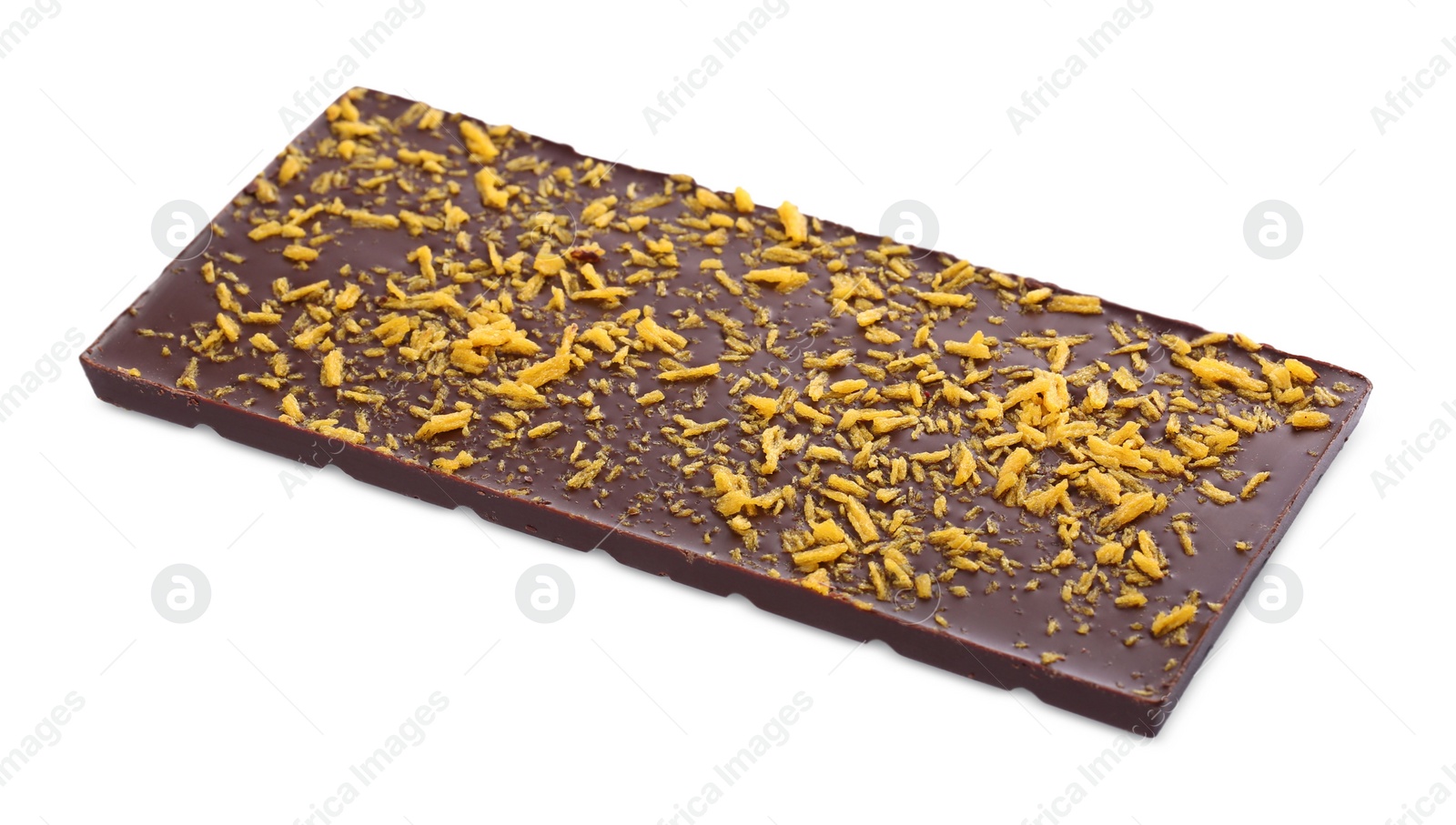 Photo of Chocolate bar with freeze dried fruits isolated on white