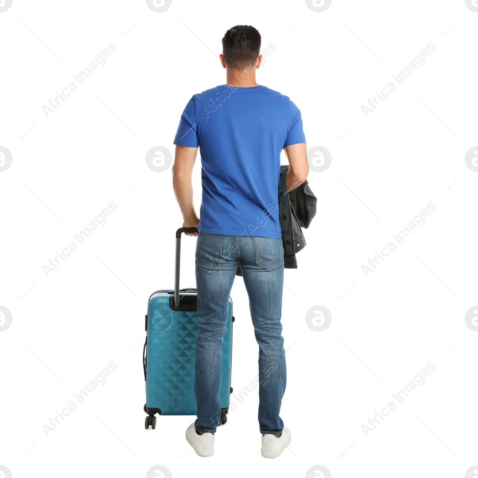 Photo of Handsome man with suitcase for summer trip on white background, back view. Vacation travel