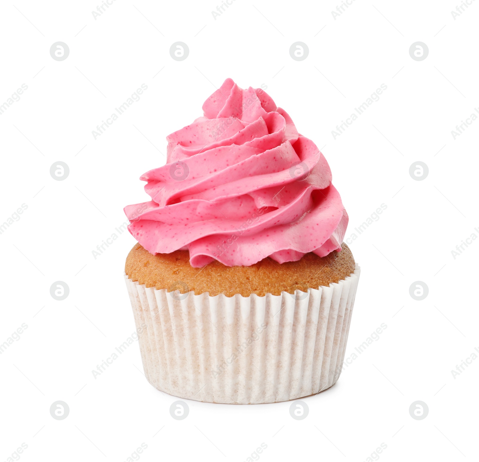 Photo of Delicious cupcake with pink cream isolated on white