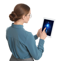 Image of Female engineer working with 3d model of modern equipment on tablet against white background
