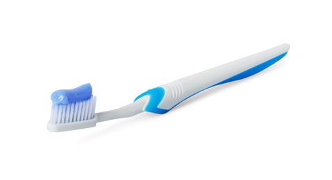 Photo of Plastic toothbrush with paste on white background