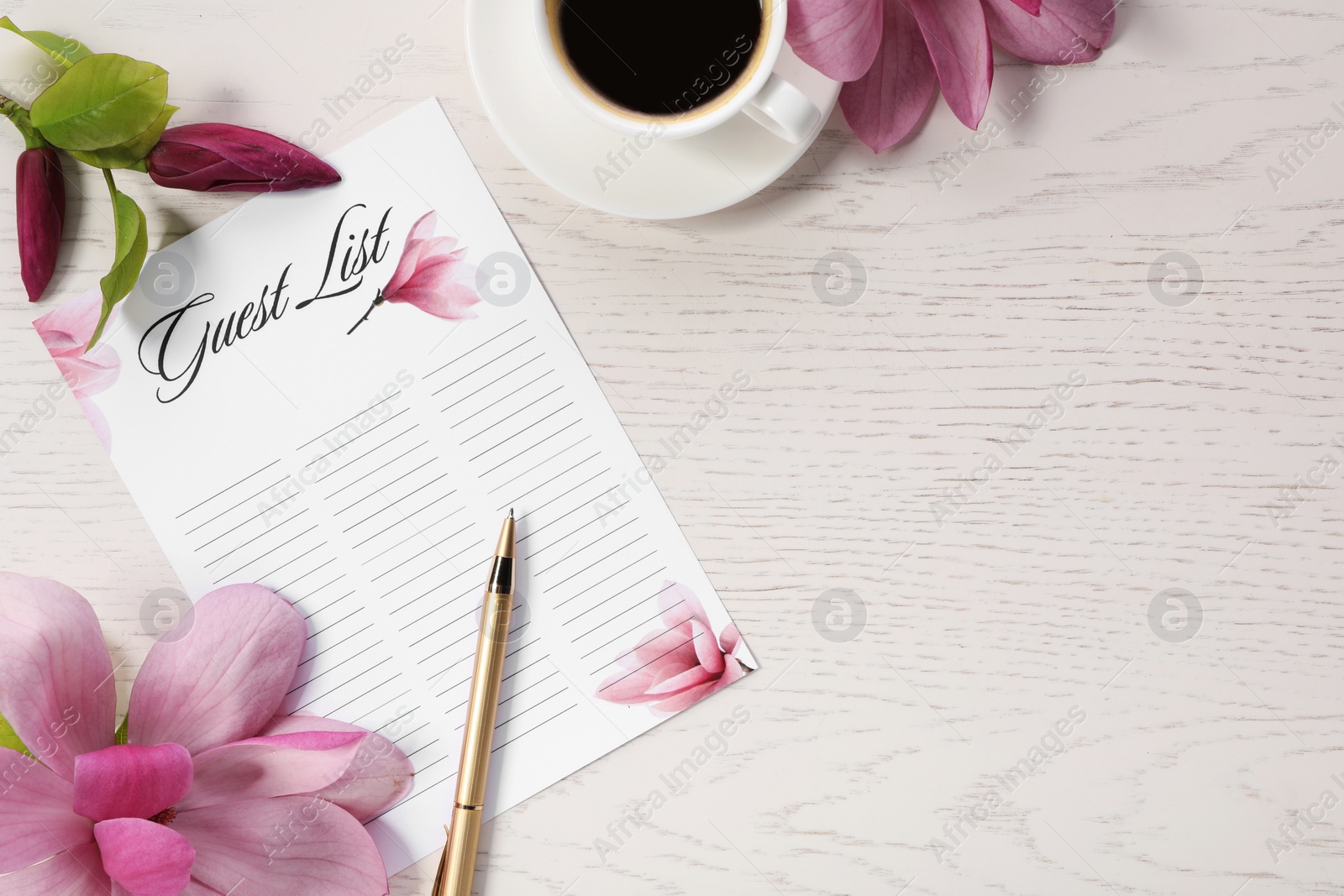 Photo of Guest list, coffee, pen and beautiful flowers on white wooden table, flat lay. Space for text