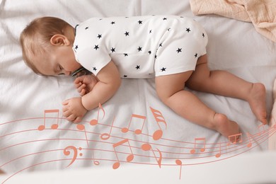 Lullaby songs. Cute little baby sleeping on bed, above view. Illustration of flying music notes near child