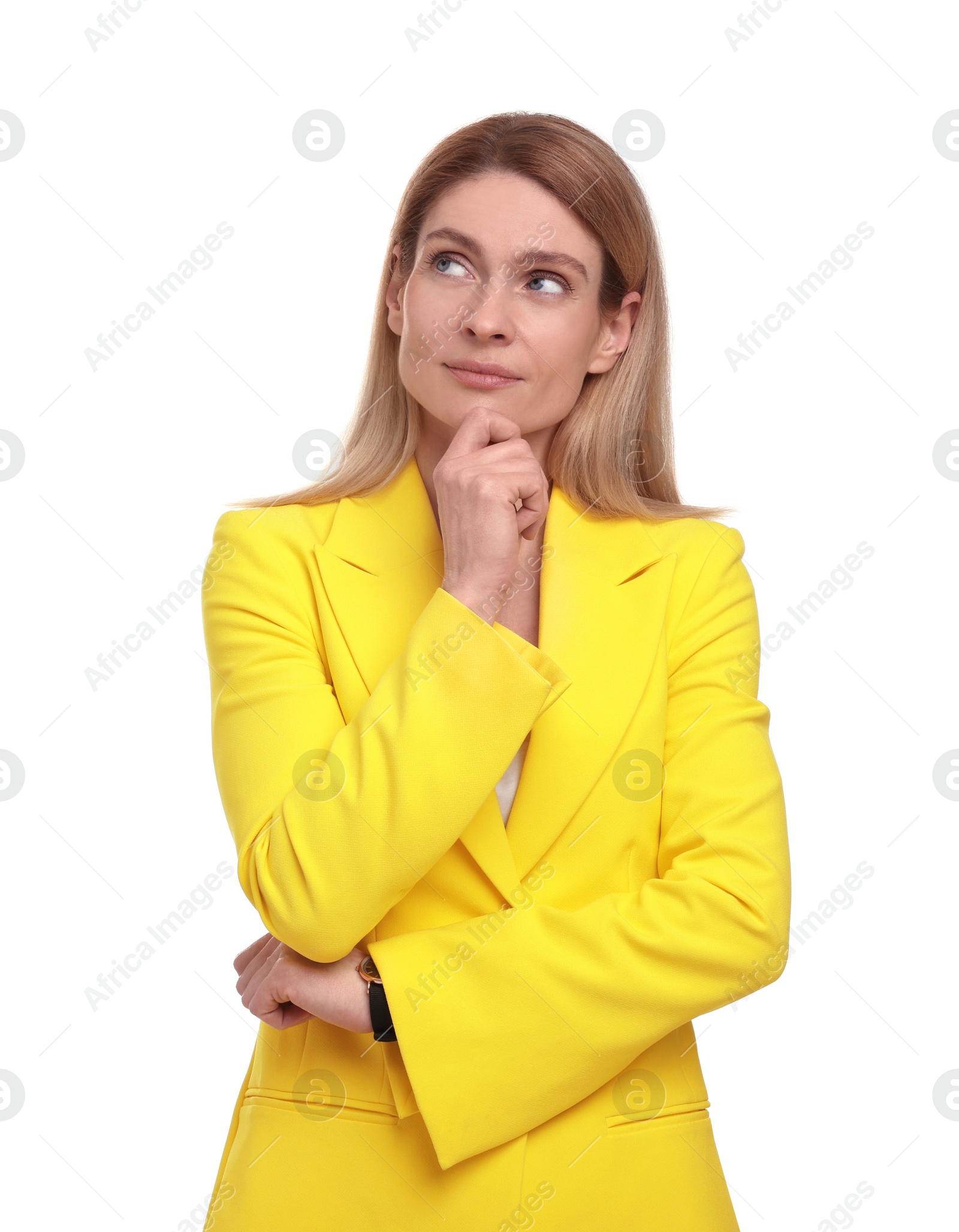 Photo of Portrait of beautiful businesswoman on white background