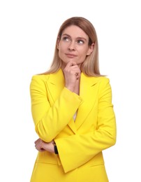 Portrait of beautiful businesswoman on white background