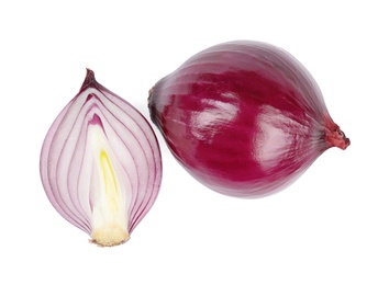 Photo of Fresh whole and cut red onions on white background, top view