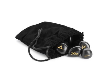 Photo of Bag with many black rune stones isolated on white