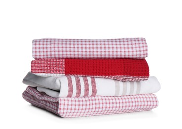 Stack of different kitchen towels on white background