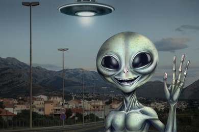 Alien and flying saucer at city. UFO, extraterrestrial visitors