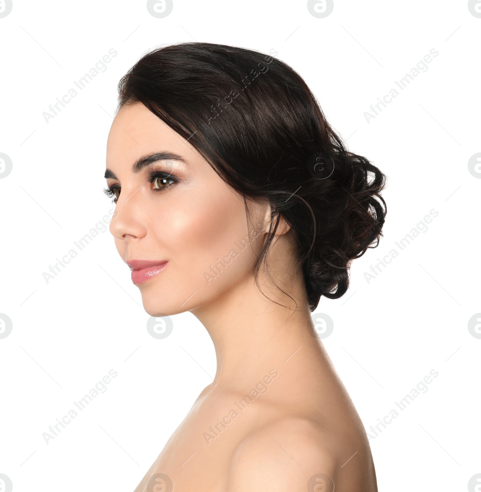 Photo of Portrait of young woman with beautiful hair on white background