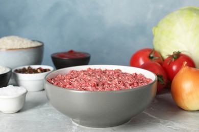 Photo of Minced meat in bowl and other ingredients for stuffed cabbage rolls on grey table