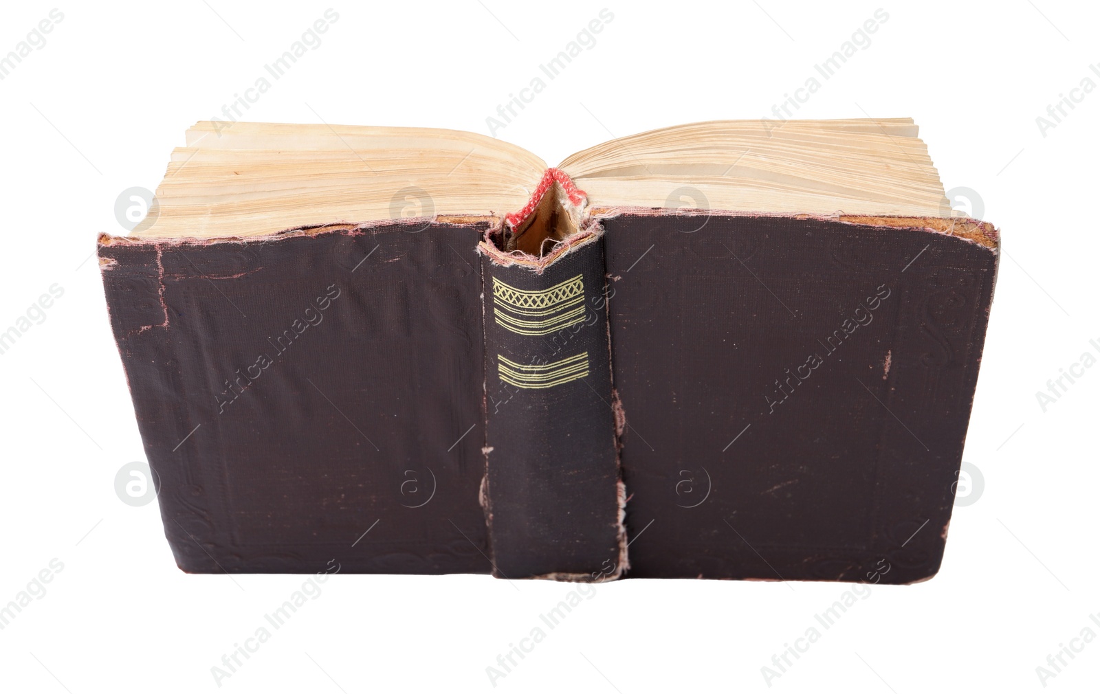 Photo of Open old hardcover book on white background