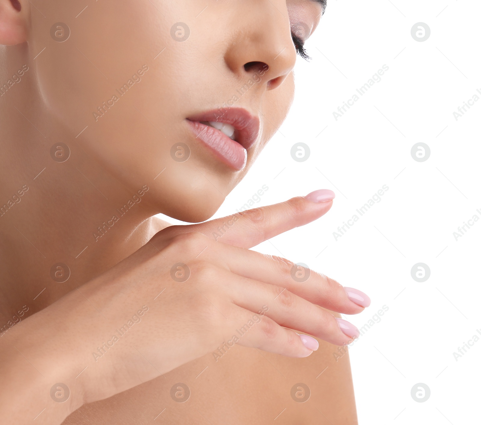Photo of Young woman with perfect smooth skin on white background, closeup. Beauty and body care