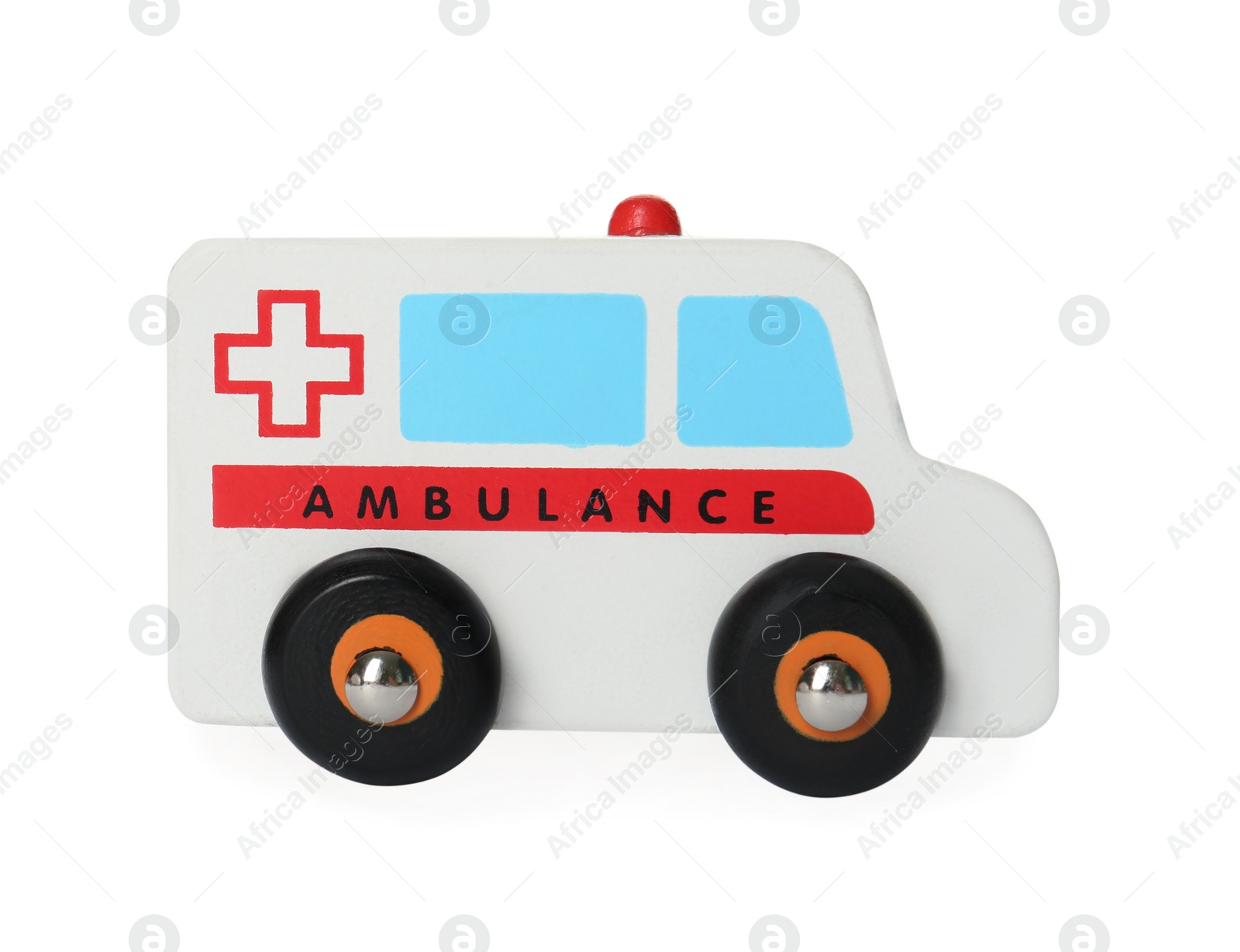 Photo of One ambulance isolated on white. Children's toy