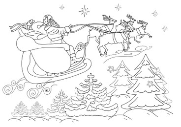 Illustration of Santa Claus with reindeers flying in sky over forest on white background, illustration. Coloring page 