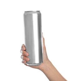 Woman holding aluminum can with beverage on white background