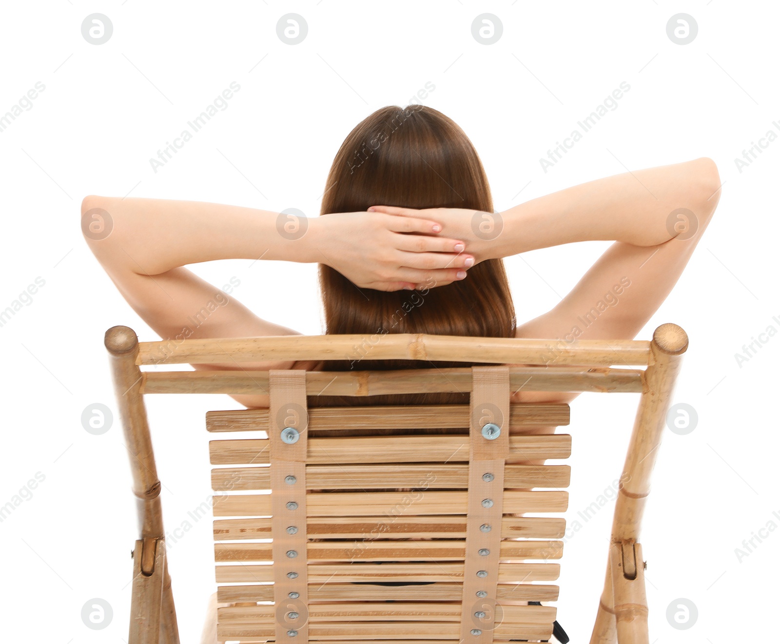 Photo of Young woman on sun lounger against white background. Beach accessories