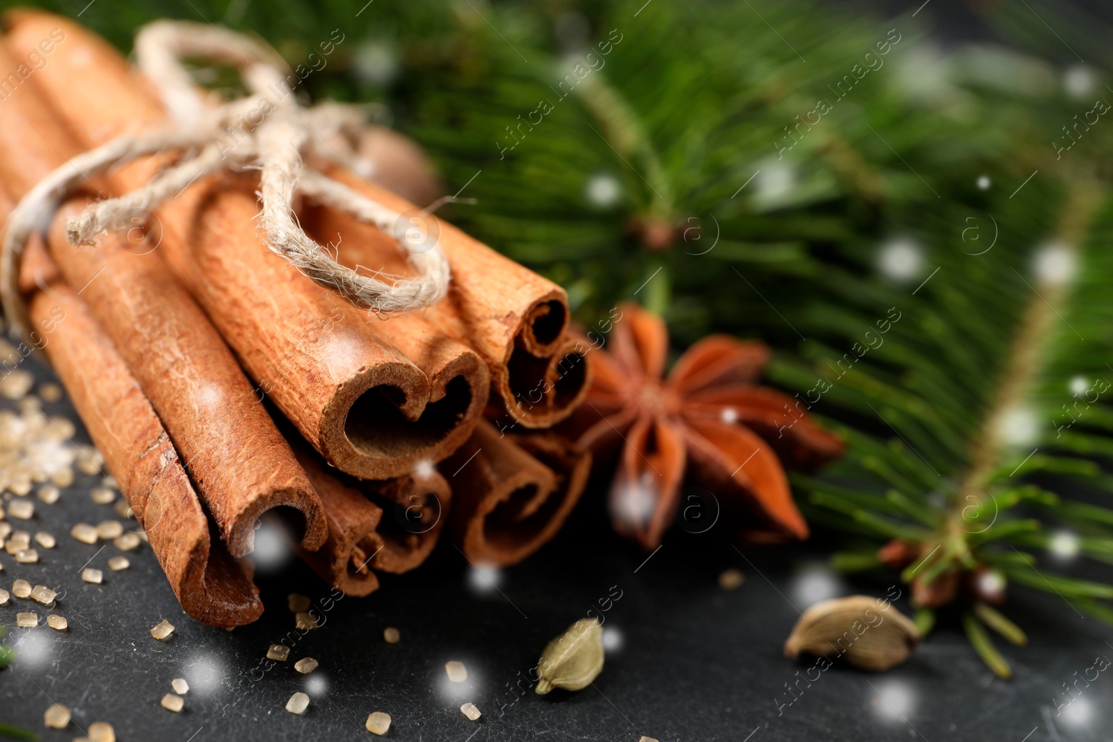 Image of Different spices and fir tree branches on dark table, closeup. Cinnamon, anise, cardamom