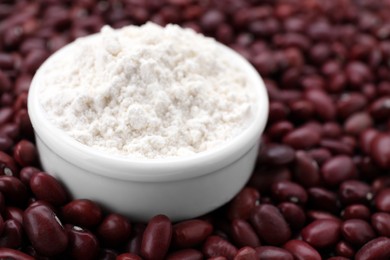 Bowl with kidney bean flour on brown seeds, closeup. Space for text