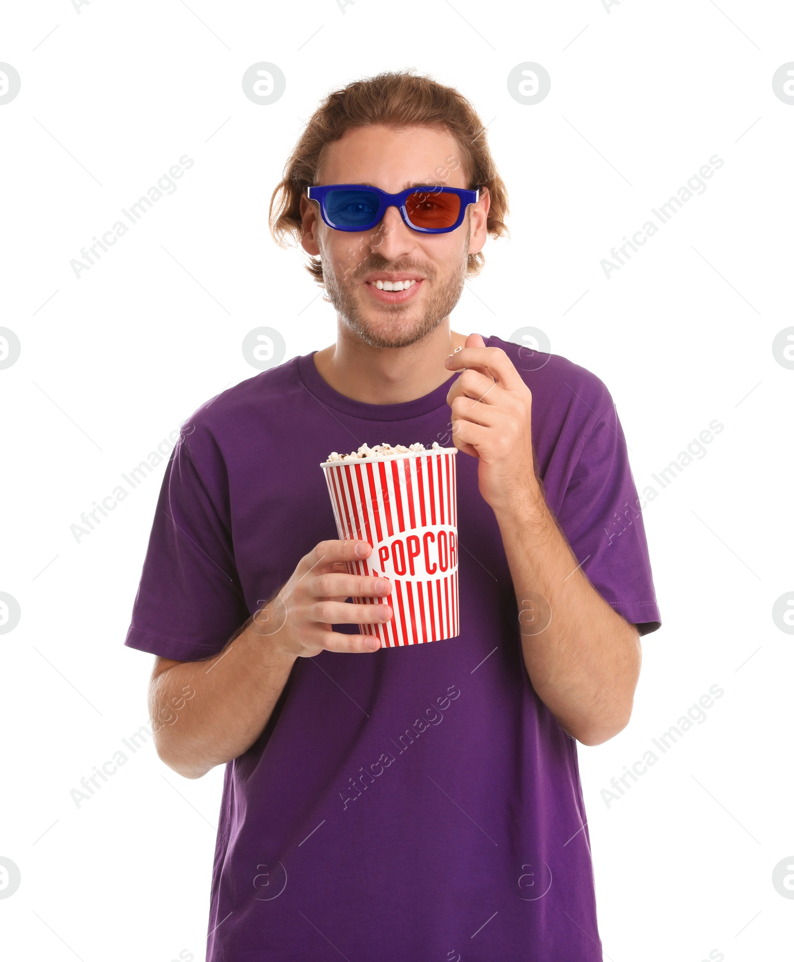 Photo of Man with 3D glasses and popcorn during cinema show on white background