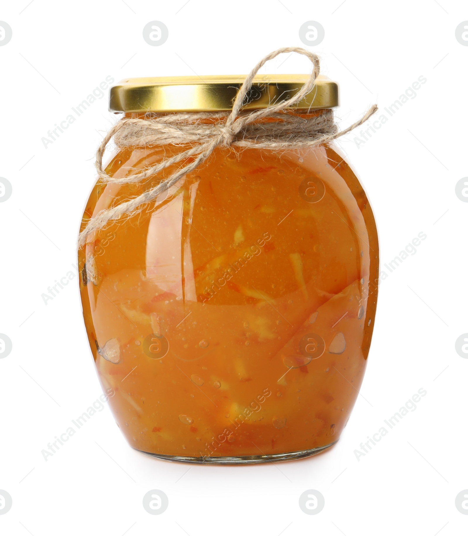 Photo of Delicious orange marmalade in glass jar isolated on white