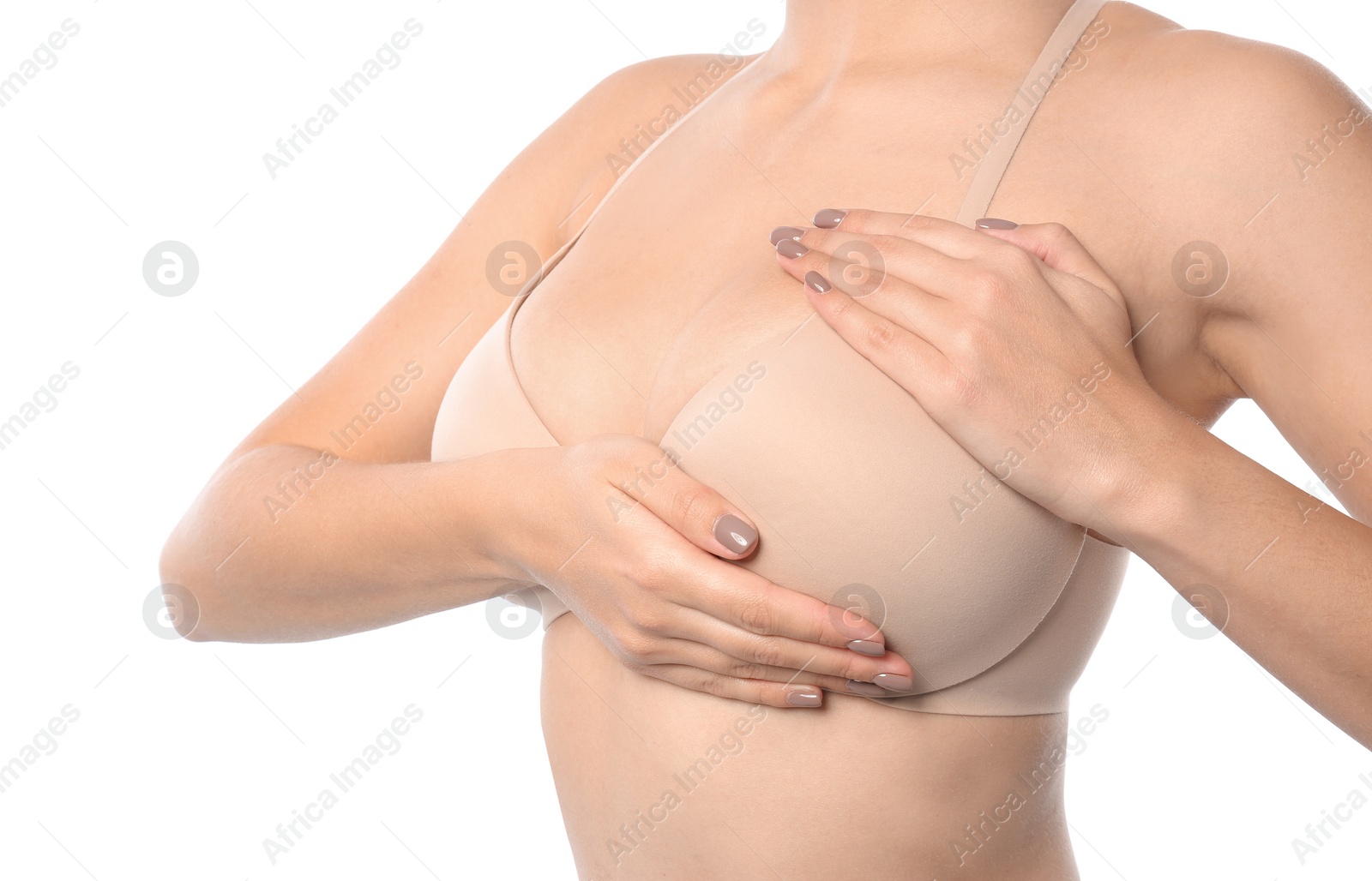 Photo of Woman checking her breast on white background, closeup