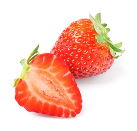 Delicious cut and whole strawberries on white background