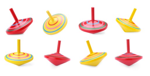 Different spinning tops isolated on white. Toy whirligig