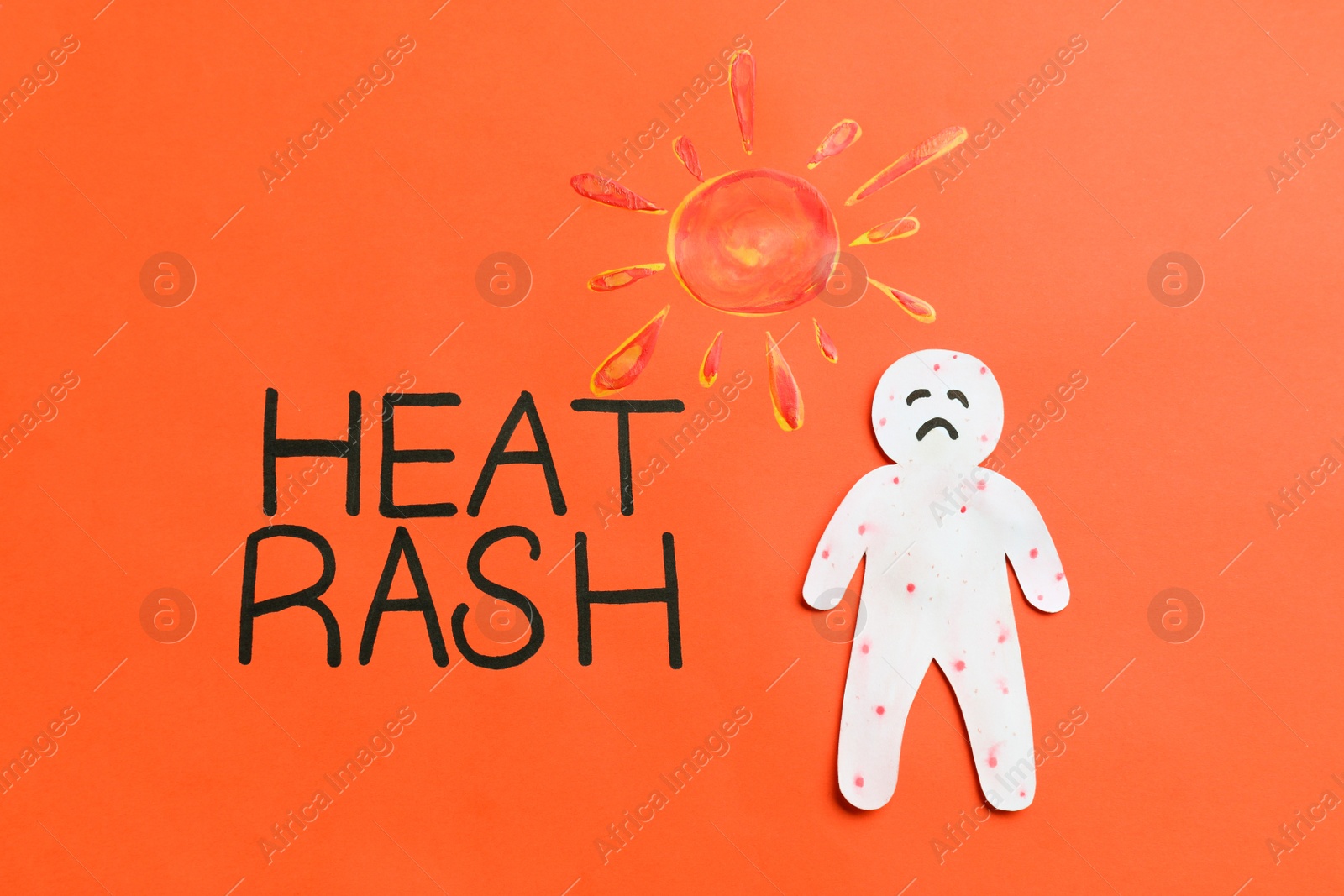 Photo of Words Heat Rash, human cutout and sun on orange background, flat lay