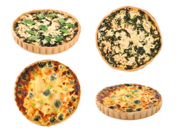 Image of Different tasty quiches isolated on white, collage with side and top views