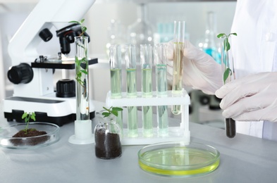 Photo of Analyst with test tubes doing chemical analysis in laboratory, closeup