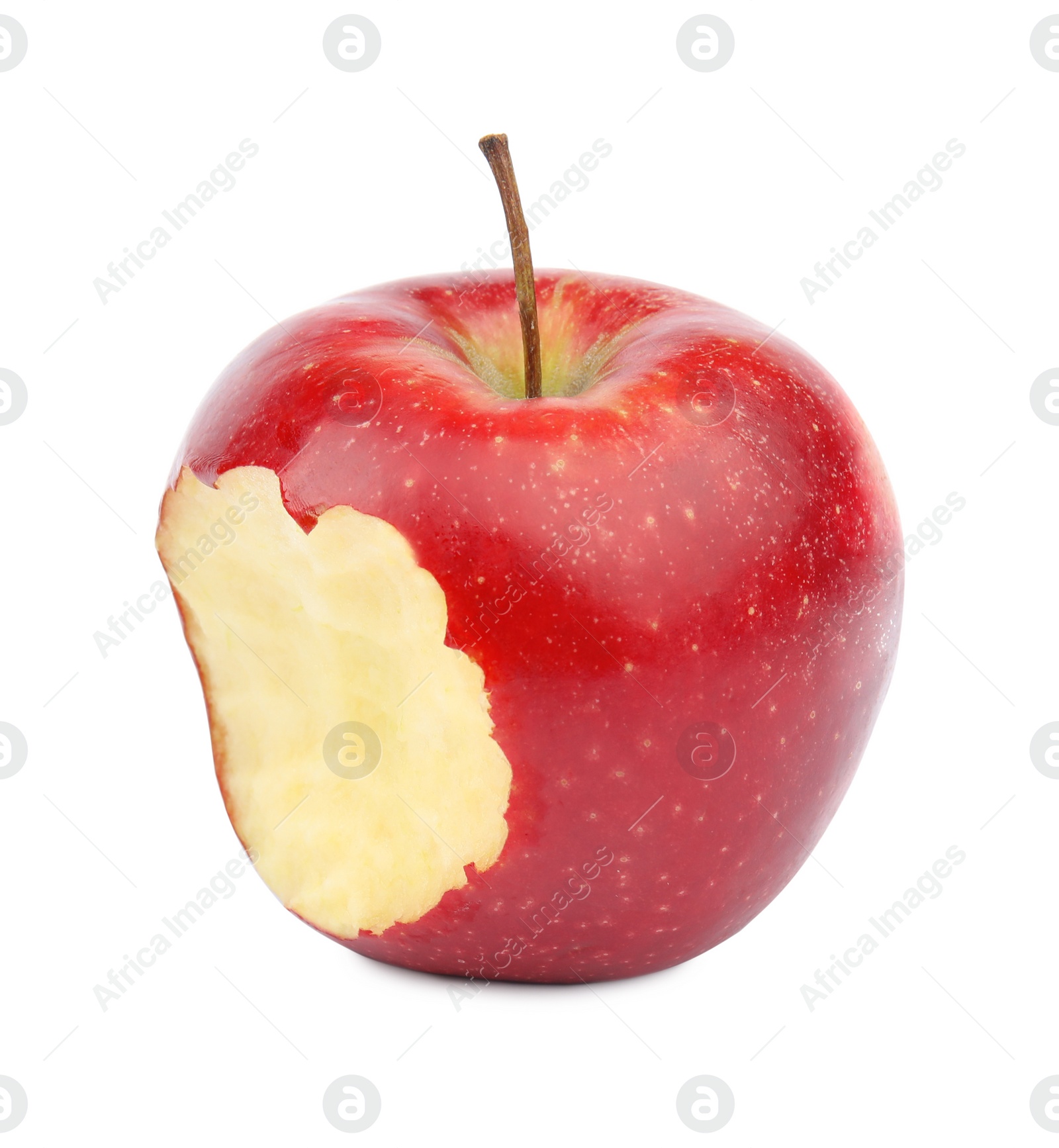 Photo of Ripe juicy red apple with bite mark on white background