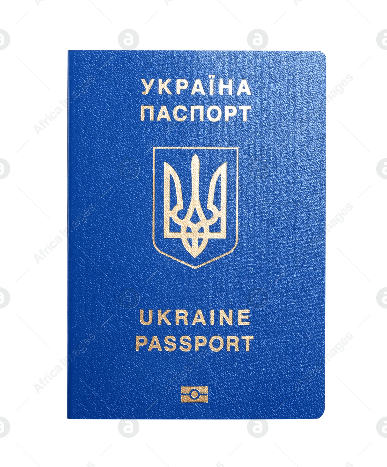 Photo of Ukrainian travel passport on white background, top view. International relationships