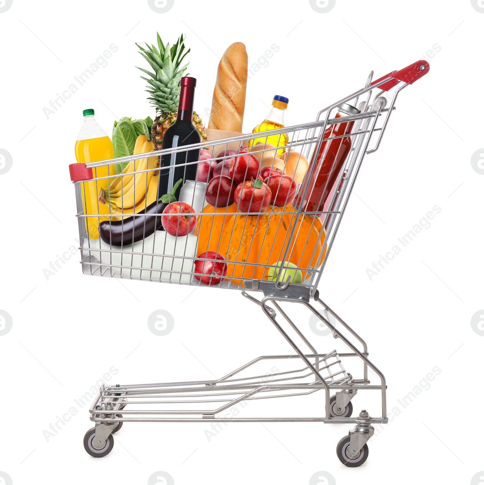 Image of Shopping cart with groceries on white background