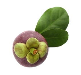 Delicious ripe mangosteen and green leaves on white background, top view