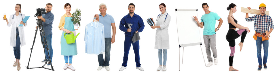 Image of Collage with people of different professions on white background. Banner design