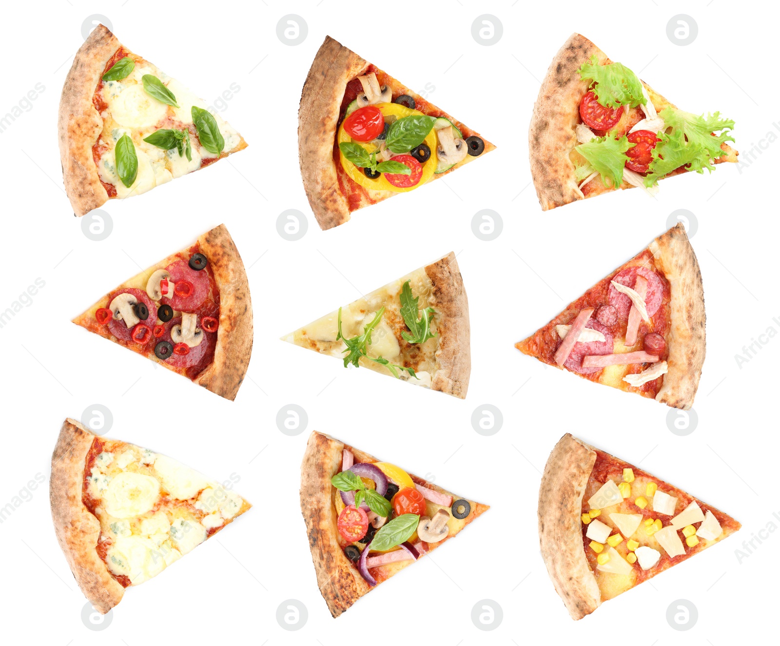 Image of Set with slices of different pizzas on white background, top view