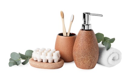 Photo of Bath accessories. Set of different personal care products and eucalyptus leaves isolated on white