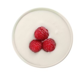Delicious yogurt with raspberries in bowl isolated on white, top view