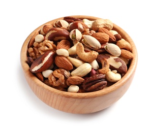 Photo of Bowl with mixed organic nuts on white background