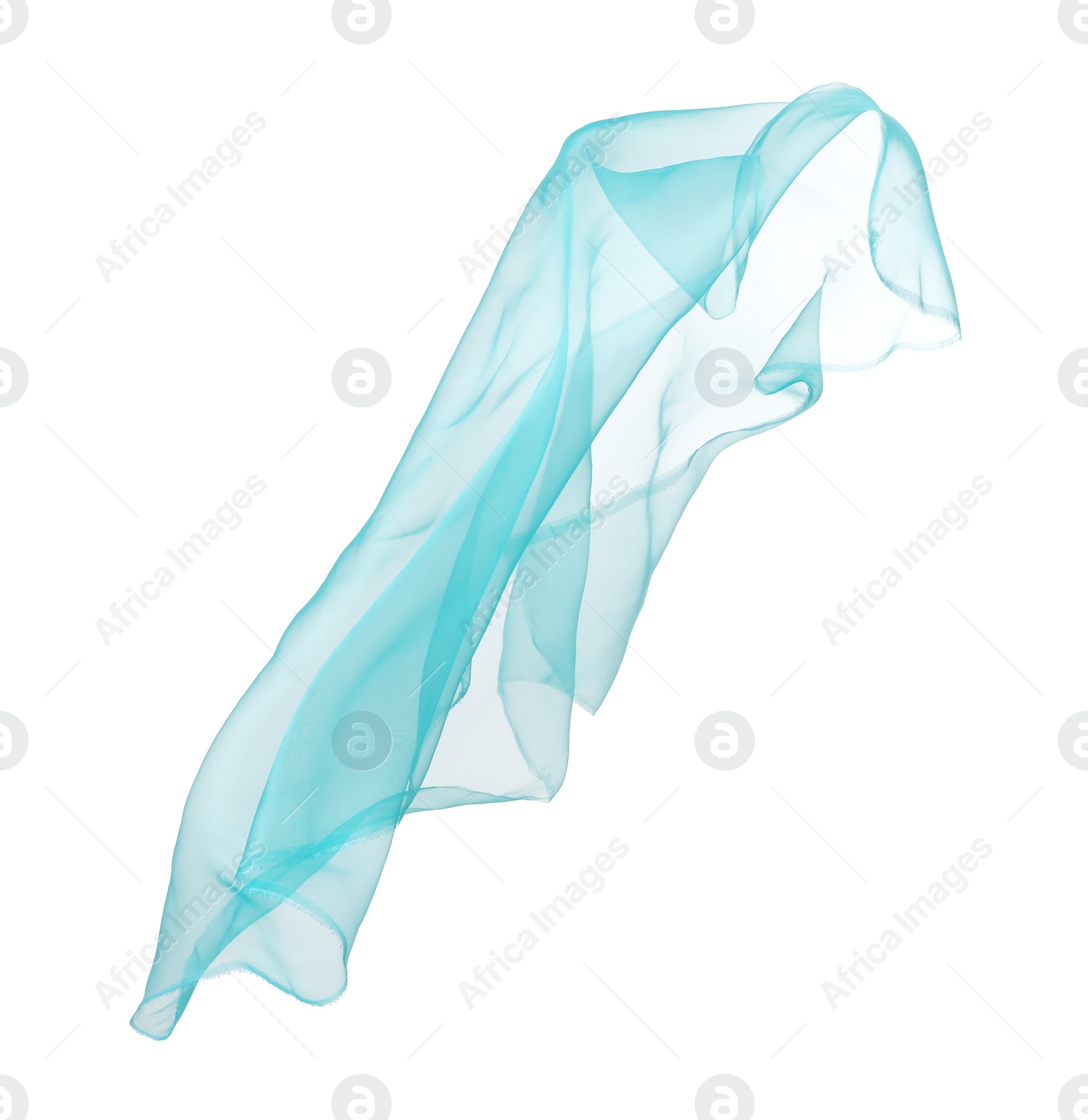 Photo of Beautiful turquoise tulle fabric flying on white background