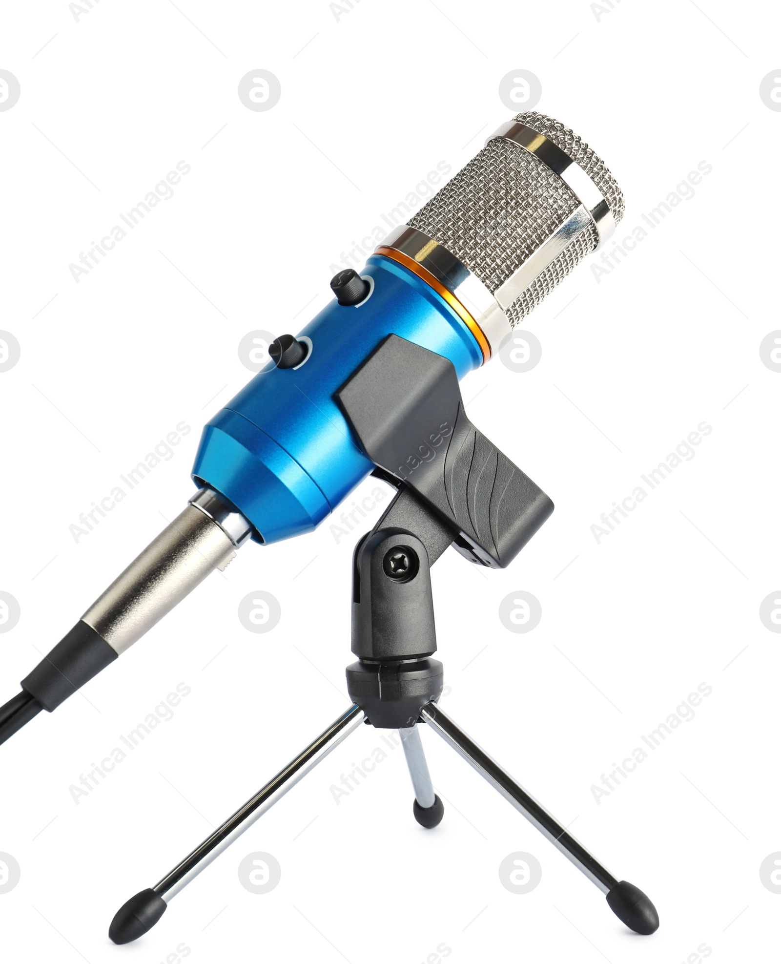 Photo of Condenser microphone with holder on white background