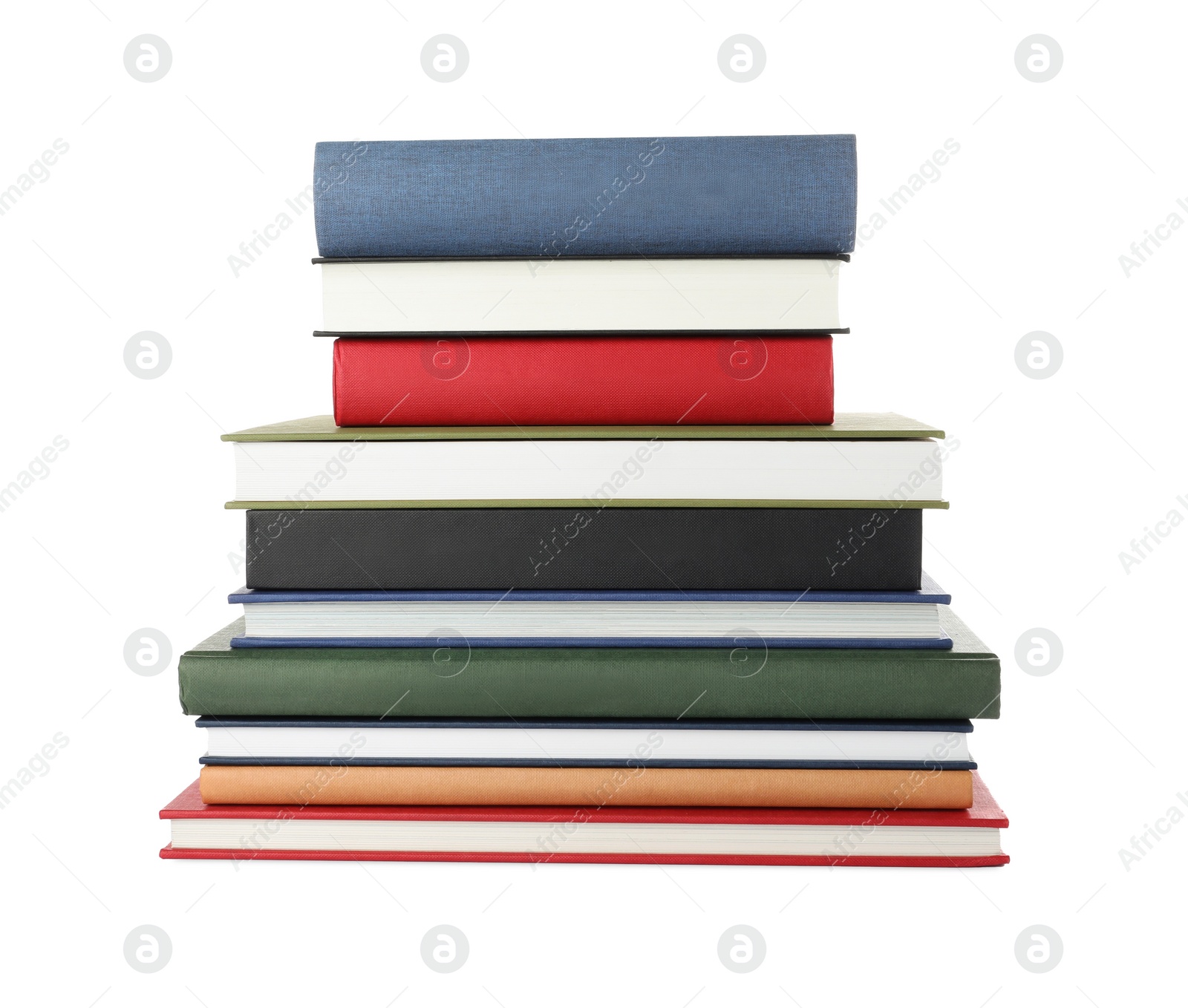 Photo of Many different books stacked on white background